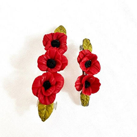 Uretti - Hülya 6683 2942 El Yapımı Gelincik Çiçek Desenli Polimer Kil 2’li Set Klipsli Saç Tokası / 8 cm - 6 cm