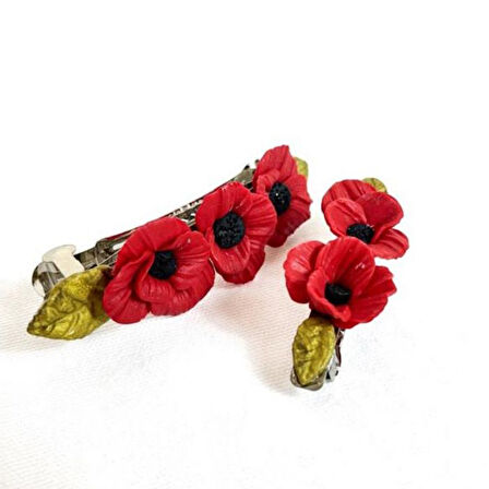 Uretti - Hülya 6683 2942 El Yapımı Gelincik Çiçek Desenli Polimer Kil 2’li Set Klipsli Saç Tokası / 8 cm - 6 cm