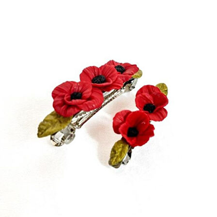 Uretti - Hülya 6683 2942 El Yapımı Gelincik Çiçek Desenli Polimer Kil 2’li Set Klipsli Saç Tokası / 8 cm - 6 cm