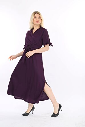 Büyük Beden Uzun Yırtmaçlı Kruvaze Yaka Elbise 38D-2131