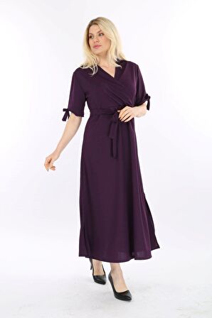 Büyük Beden Uzun Yırtmaçlı Kruvaze Yaka Elbise 38D-2131