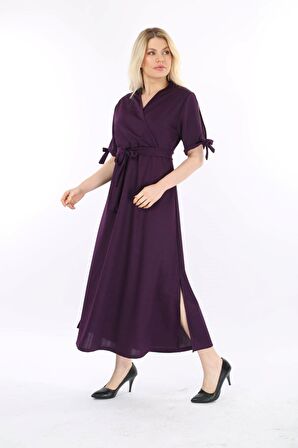 Büyük Beden Uzun Yırtmaçlı Kruvaze Yaka Elbise 38D-2131