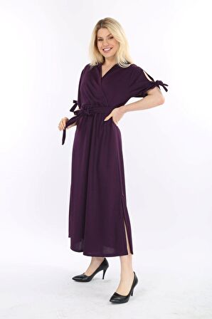 Büyük Beden Uzun Yırtmaçlı Kruvaze Yaka Elbise 38D-2131