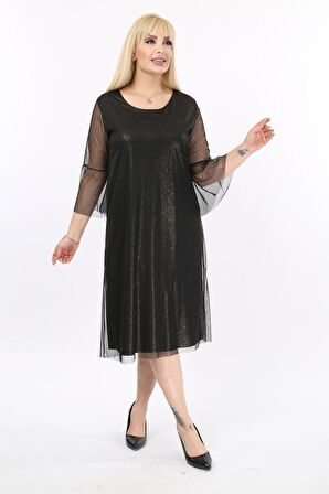 İspanyol Kol Büyük Beden Simli Abiye Elbise 38D-2171