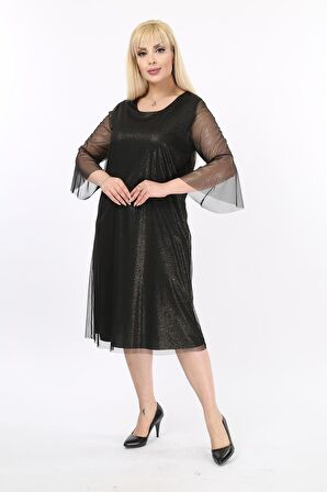 İspanyol Kol Büyük Beden Simli Abiye Elbise 38D-2171