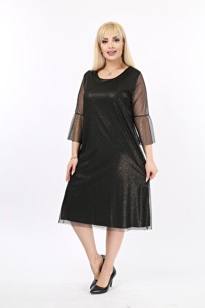 İspanyol Kol Büyük Beden Simli Abiye Elbise 38D-2171