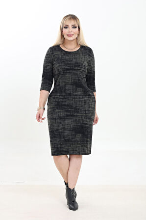 Çift Cepli Desenli Esnek Kışlık Büyük Beden Midi Elbise 38D-2752