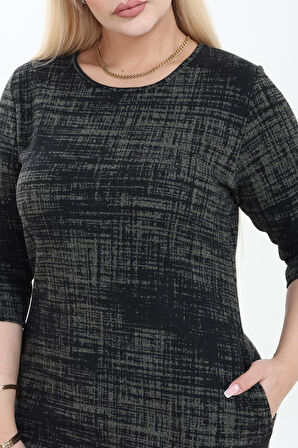 Çift Cepli Desenli Esnek Kışlık Büyük Beden Midi Elbise 38D-2752