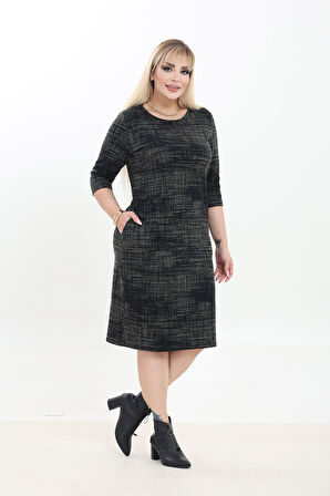 Çift Cepli Desenli Esnek Kışlık Büyük Beden Midi Elbise 38D-2752