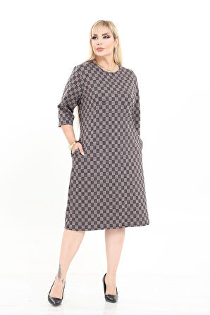 Çift Cepli Desenli Esnek Kışlık Büyük Beden Midi Elbise 38F-2726