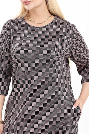 Çift Cepli Desenli Esnek Kışlık Büyük Beden Midi Elbise 38F-2726