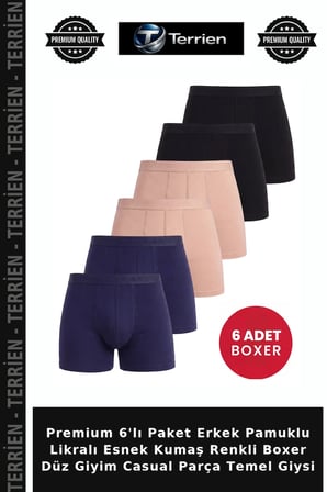 Premium 6'lı Paket Erkek Pamuklu Likralı Esnek Kumaş Renkli Boxer Düz Giyim Casual Parça Temel Giysi