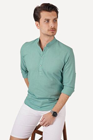Mint Yeşili Hakim Üç Düğmeli Slimfit Keten   Gömlek