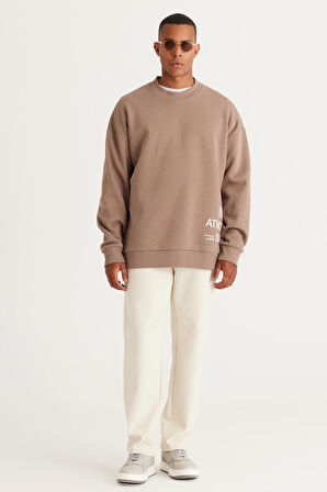 Erkek Bej Oversize Fit Bol Kesim Içi Polarlı 3 Iplik Pamuklu Baskılı Sweatshirt