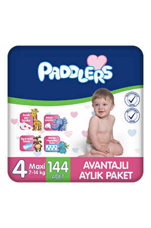 Paddlers Bebek Bezi 4 Numara Maxi 144 Adet (7-14 Kg) Aylık Paket