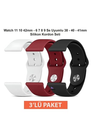 Apple Watch 11 10 9 8 7 6 SE Uyumlu 38 40 41 42mm Silikon Kordon Seti 3’lü Paket Saat Kayışı