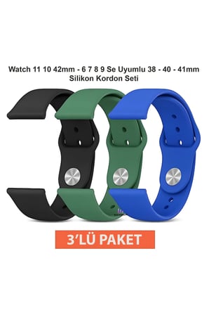 Apple Watch 11 10 9 8 7 6 SE Uyumlu 38 40 41 42mm Silikon Kordon Seti 3’lü Paket Saat Kayışı