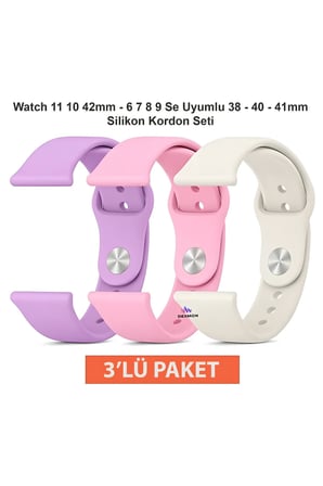Apple Watch 11 10 9 8 7 6 SE Uyumlu 38 40 41 42mm Silikon Kordon Seti 3’lü Paket Saat Kayışı