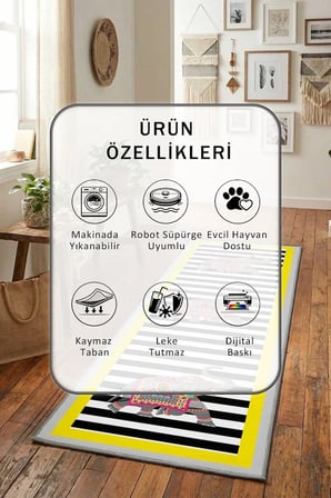 Fil Sarı Açik Gri Yıkanabilir Kaymaz Taban Dijital Baskılı Yolluk Halı