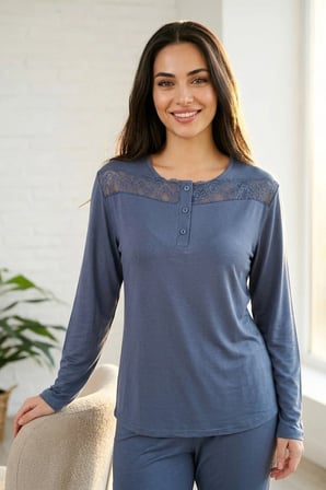 Kadın Dantelli Bambu Viskon Uzun Kollu Mevsimlik Soft Örme Yumuşak Pijama Takımı