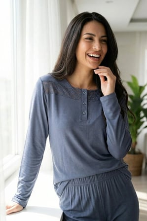 Kadın Dantelli Bambu Viskon Uzun Kollu Mevsimlik Soft Örme Yumuşak Pijama Takımı