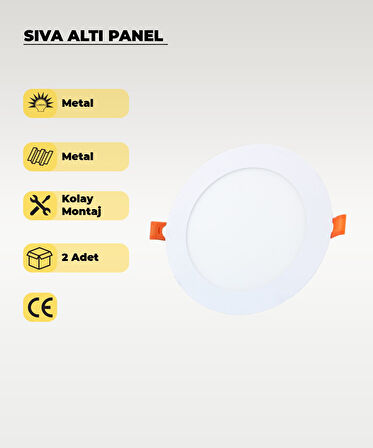 9W Sıva Altı Yuvarlak Slim Led Panel 3200K Sarı Işık - 2 Adet