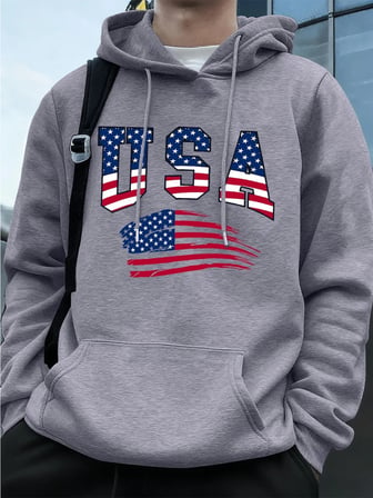 Abd Amerika Bayrağı Baskı Erkek Tişörtü Kış Polar Sıcak Kapüşonlular Temelleri Büyük Boy Cep