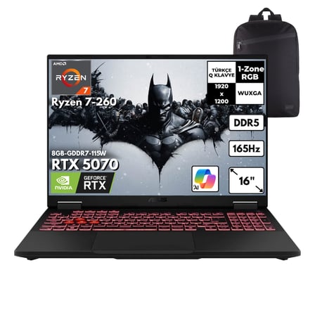 Asus TUF A16 Ryzen 7-260 48 -GBDDR5 4 TBSSD RTX5070 (8GB-GDDR7-115W) 16" WUXGA 165Hz Windows 10 Home + HMF Sırt Çantası FA608UP-RV199HMF74