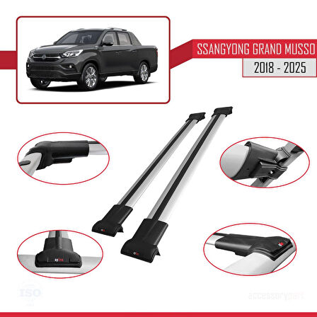 Ssangyong Grand Musso 2018 ve Sonrası ile Uyumlu FLY Model Ara Atkı Tavan Barı Gri 2 Adet