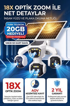 5 Kameralı 4G/E-Sim Destekli 18X Zoom Solar Panelli Profesyonel Dış Mekân Güvenlik Kamerası 20Tt