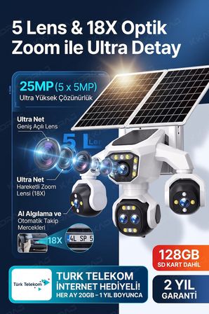 5 Kameralı 4G/E-Sim Destekli 18X Zoom Solar Panelli Profesyonel Dış Mekân Güvenlik Kamerası 20Tt
