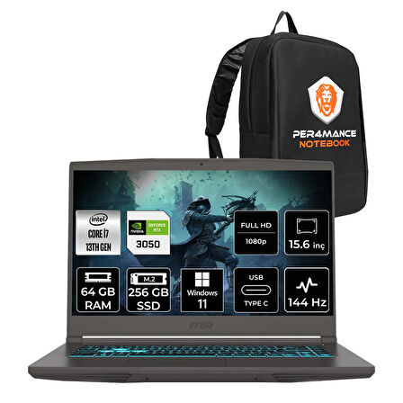 MSI Thin 15 i7 13620H 64GB 256GB SSD RTX3050/4GB 15.6" FHD 144HZ W11P Gaming Laptop & PER4 ÇANTA