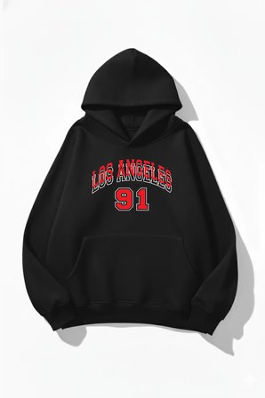 Unisex Yumuşak Dokulu Los Angeles 91 Baskılı Tasarım Oversize 3 İplik Hoodie Sweatshirt