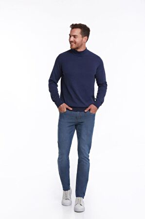 İndigo Yarım Balıkçı Pamuklu Triko Kazak | XL