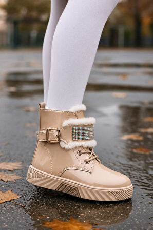 Günlük Kız Çocuk  Rugan Bot Fermuarlı  Lastik Bağcıklı Kürk ve Taş Detaylı Kaymaz Taban Bootie 391