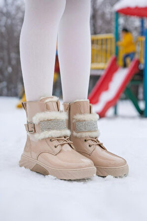 Günlük Kız Çocuk  Rugan Bot Fermuarlı  Lastik Bağcıklı Kürk ve Taş Detaylı Kaymaz Taban Bootie 391