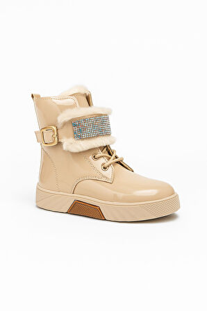 Günlük Kız Çocuk  Rugan Bot Fermuarlı  Lastik Bağcıklı Kürk ve Taş Detaylı Kaymaz Taban Bootie 391