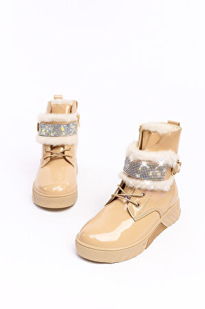 Günlük Kız Çocuk  Rugan Bot Fermuarlı  Lastik Bağcıklı Kürk ve Taş Detaylı Kaymaz Taban Bootie 391