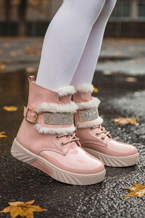 Günlük Kız Çocuk  Rugan Bot Fermuarlı  Lastik Bağcıklı Kürk ve Taş Detaylı Kaymaz Taban Bootie 391