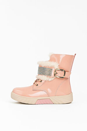 Günlük Kız Çocuk  Rugan Bot Fermuarlı  Lastik Bağcıklı Kürk ve Taş Detaylı Kaymaz Taban Bootie 391