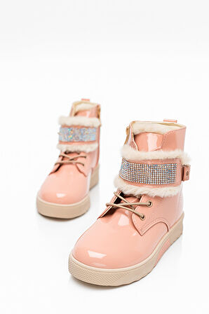 Günlük Kız Çocuk  Rugan Bot Fermuarlı  Lastik Bağcıklı Kürk ve Taş Detaylı Kaymaz Taban Bootie 391