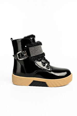 Günlük Kız Çocuk  Rugan Bot Fermuarlı  Lastik Bağcıklı Kürk ve Taş Detaylı Kaymaz Taban Bootie 391