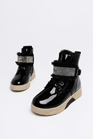 Günlük Kız Çocuk  Rugan Bot Fermuarlı  Lastik Bağcıklı Kürk ve Taş Detaylı Kaymaz Taban Bootie 391