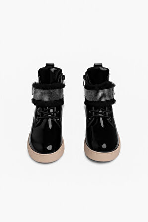 Günlük Kız Çocuk  Rugan Bot Fermuarlı  Lastik Bağcıklı Kürk ve Taş Detaylı Kaymaz Taban Bootie 391