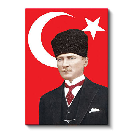 Türk Bayrağı Önünde Atatürk - Kalpaklı Resmi Portre Kanvas Tablo