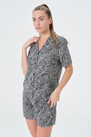 Dress Cabinet Kadın Zebra Desen Şortlu Kısa Kol Viskon Pijama Takımı