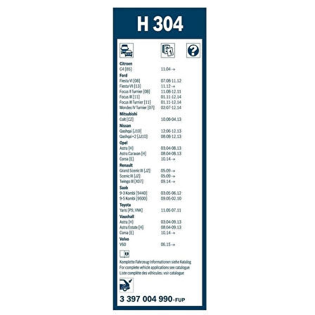 Citroen C4 Bosch Arka Silecek 30cm 2005-2010 Rear H304