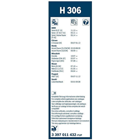 BMW 1 Serisi F20, F21 Bosch Arka Silecek 30cm 2012-2019 Rear H306