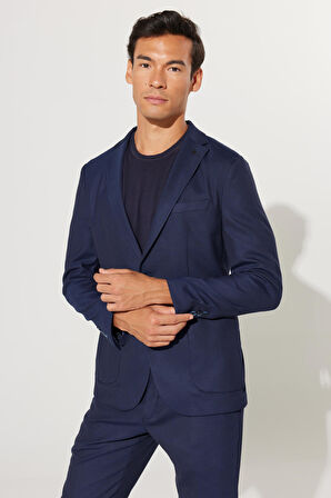 Erkek Lacivert Slim Fit Dar Kesim Mono Yaka Armürlü Takım Elbise