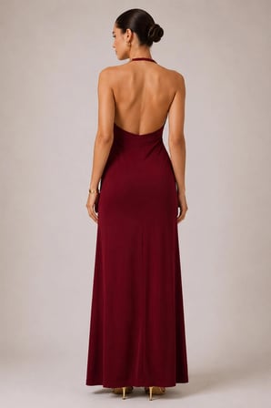 Kadın Bordo Halter Yaka Yırtmaçlı Uzun Elbise 7785